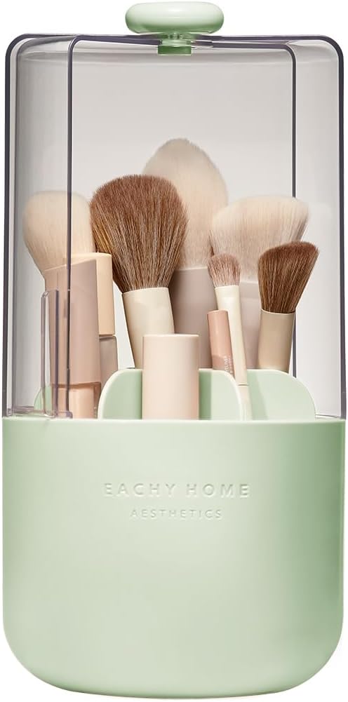 EACHY Makeup Brush Holder 360° Rotating with Dustproof Lid. Waterproof Material. 7 Compartments for Organized Storage. Stylish and Durable Design for Vanity (Pink)