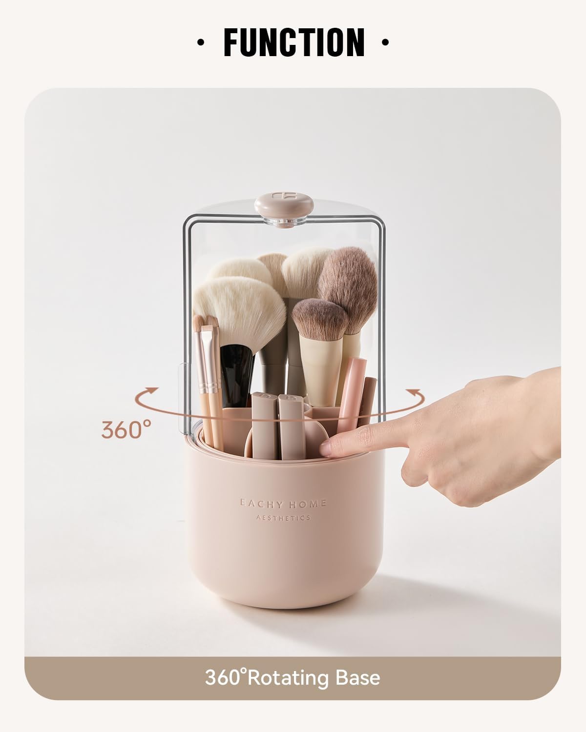 EACHY Makeup Brush Holder 360° Rotating with Dustproof Lid. Waterproof Material. 7 Compartments for Organized Storage. Stylish and Durable Design for Vanity (Pink)