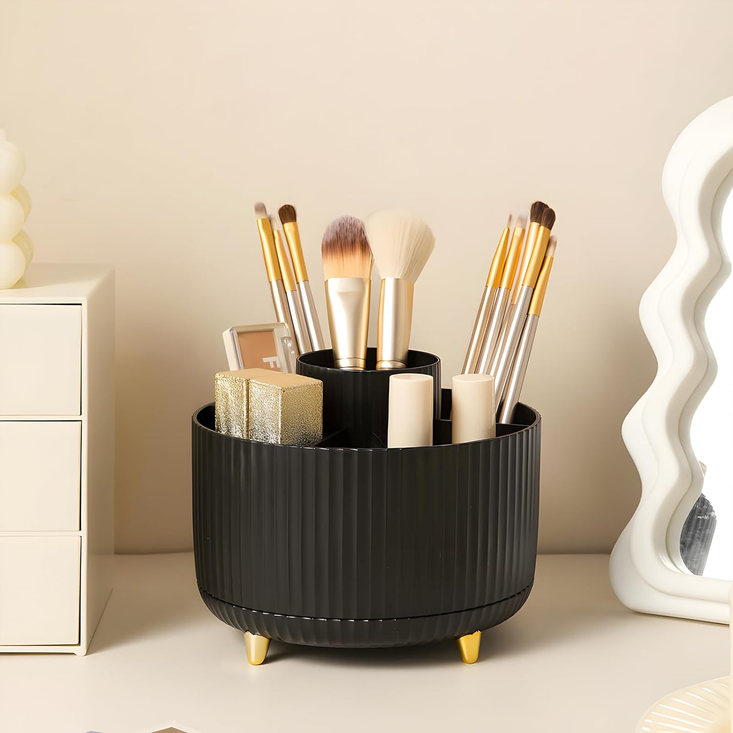 Diesisa Makeup Brush Holder Organizer.360° Rotating Makeup Brush Organizer.5 Slot Make up Brushes Cup for Cosmetics. Nail Polish. Art Supply. Bathroom Vanity Desktop Organizer - White