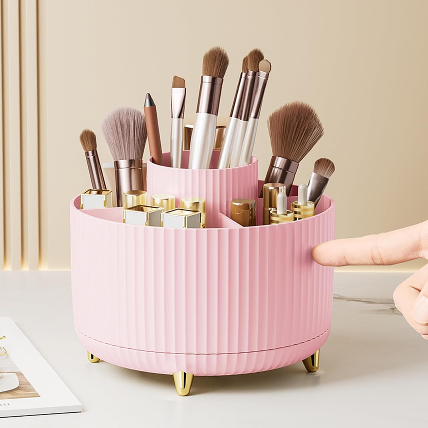 Diesisa Makeup Brush Holder Organizer.360° Rotating Makeup Brush Organizer.5 Slot Make up Brushes Cup for Cosmetics. Nail Polish. Art Supply. Bathroom Vanity Desktop Organizer - White