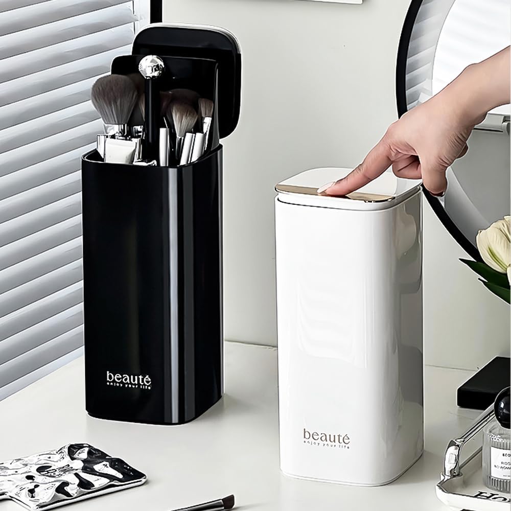 Automatic Lifting Makeup Brush Holder with Lid Dustproof Cosmetic Organizers for Vanity-Black