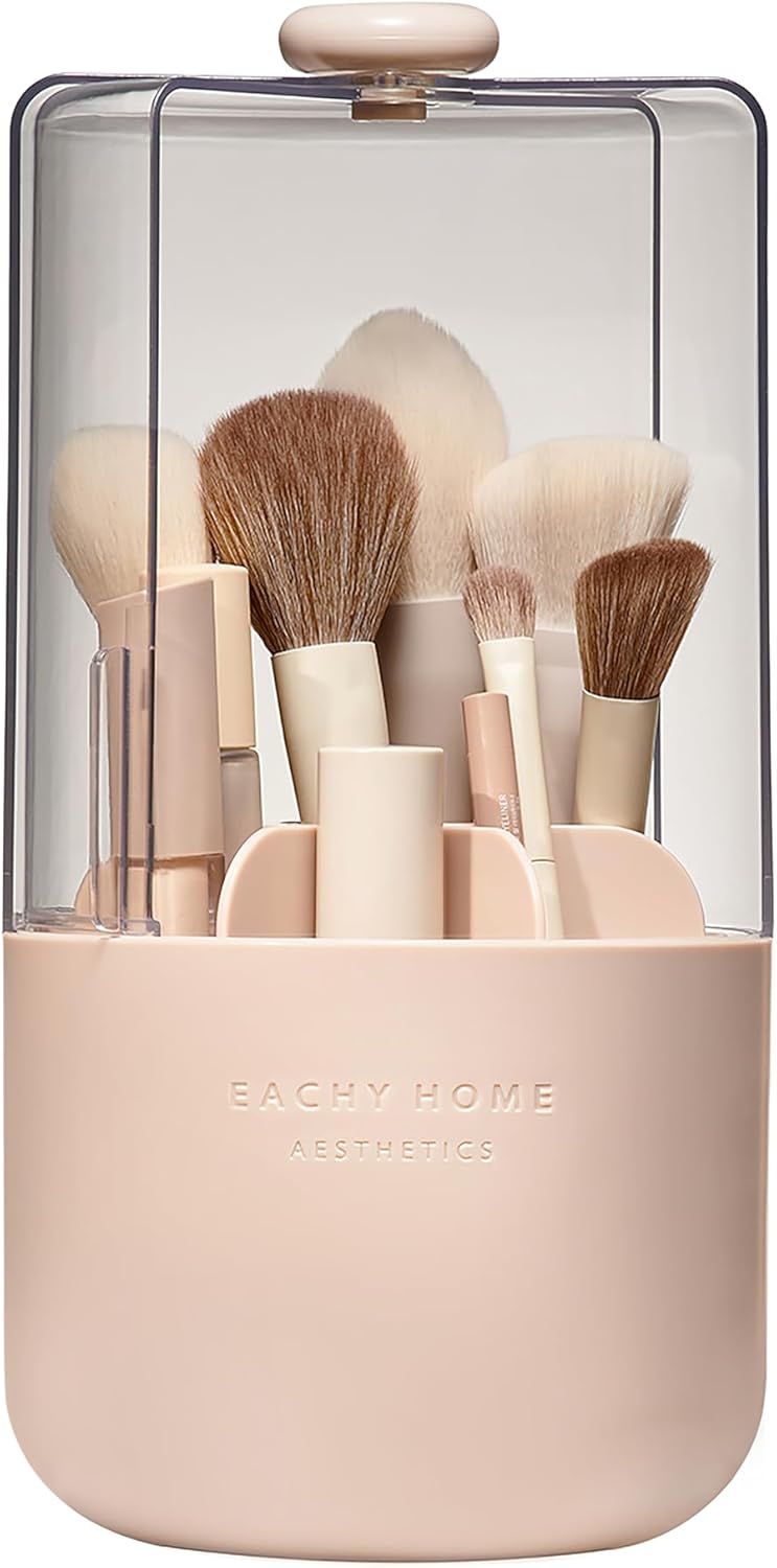 EACHY Makeup Brush Holder 360° Rotating with Dustproof Lid. Waterproof Material. 7 Compartments for Organized Storage. Stylish and Durable Design for Vanity (Pink)