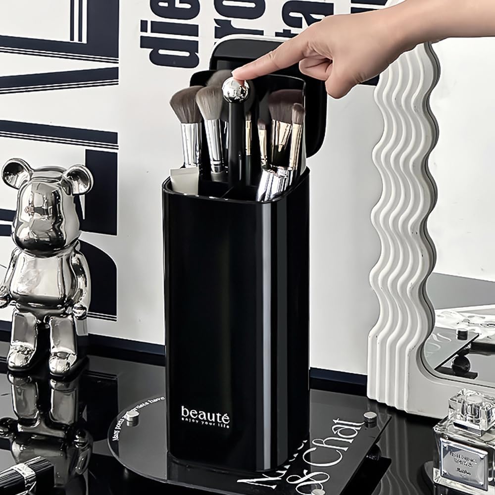 Automatic Lifting Makeup Brush Holder with Lid Dustproof Cosmetic Organizers for Vanity-Black