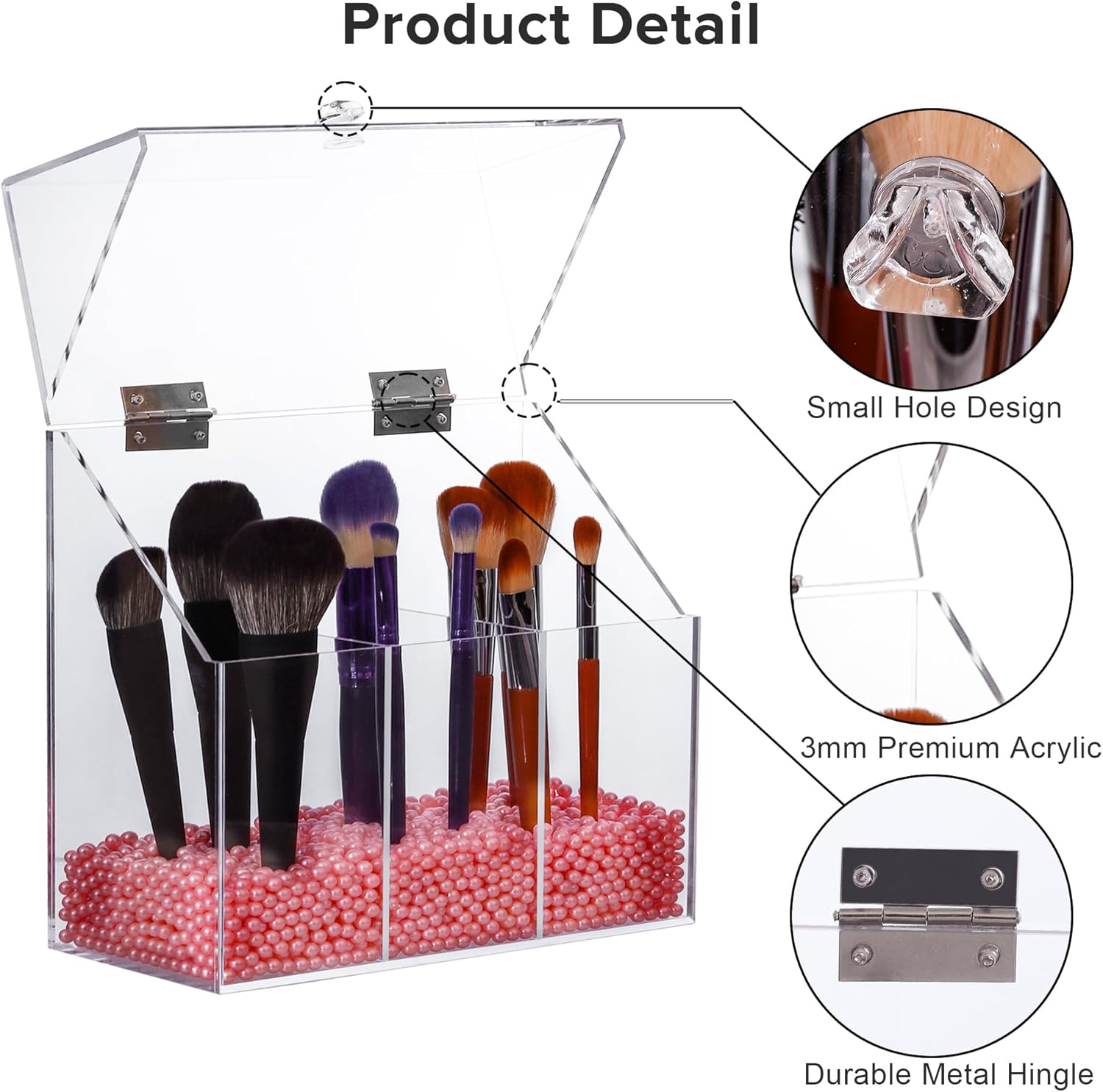 Acrylic Makeup Brush Holder with Lid - Clear Cosmetic Makeup Brush Organizer and Storage Box with Cover for Vanity - Large Capacity 3-Slots Container for Brushes (Clear)