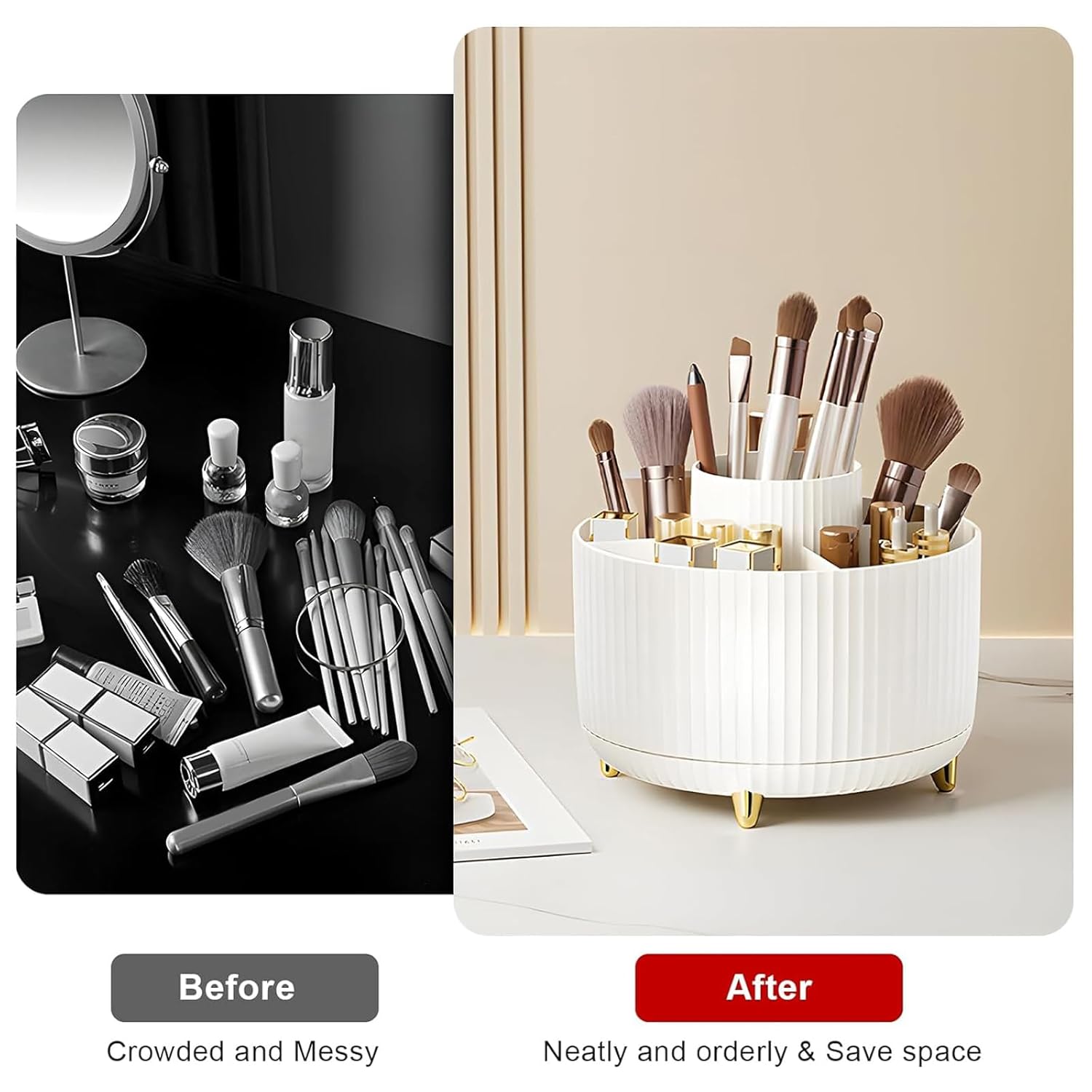 Diesisa Makeup Brush Holder Organizer.360° Rotating Makeup Brush Organizer.5 Slot Make up Brushes Cup for Cosmetics. Nail Polish. Art Supply. Bathroom Vanity Desktop Organizer - White