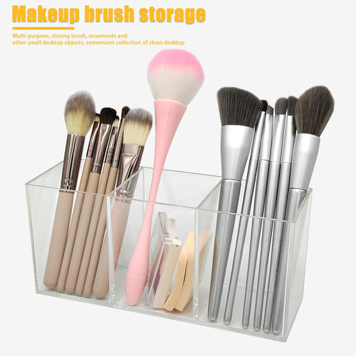 Clear Makeup Brush Organizer.Acrylic Cosmetic Brushes Storage Holder with 3 Slots.Pencil Pen Holder for Desk.Desk Organizer and Accessories for Vanity