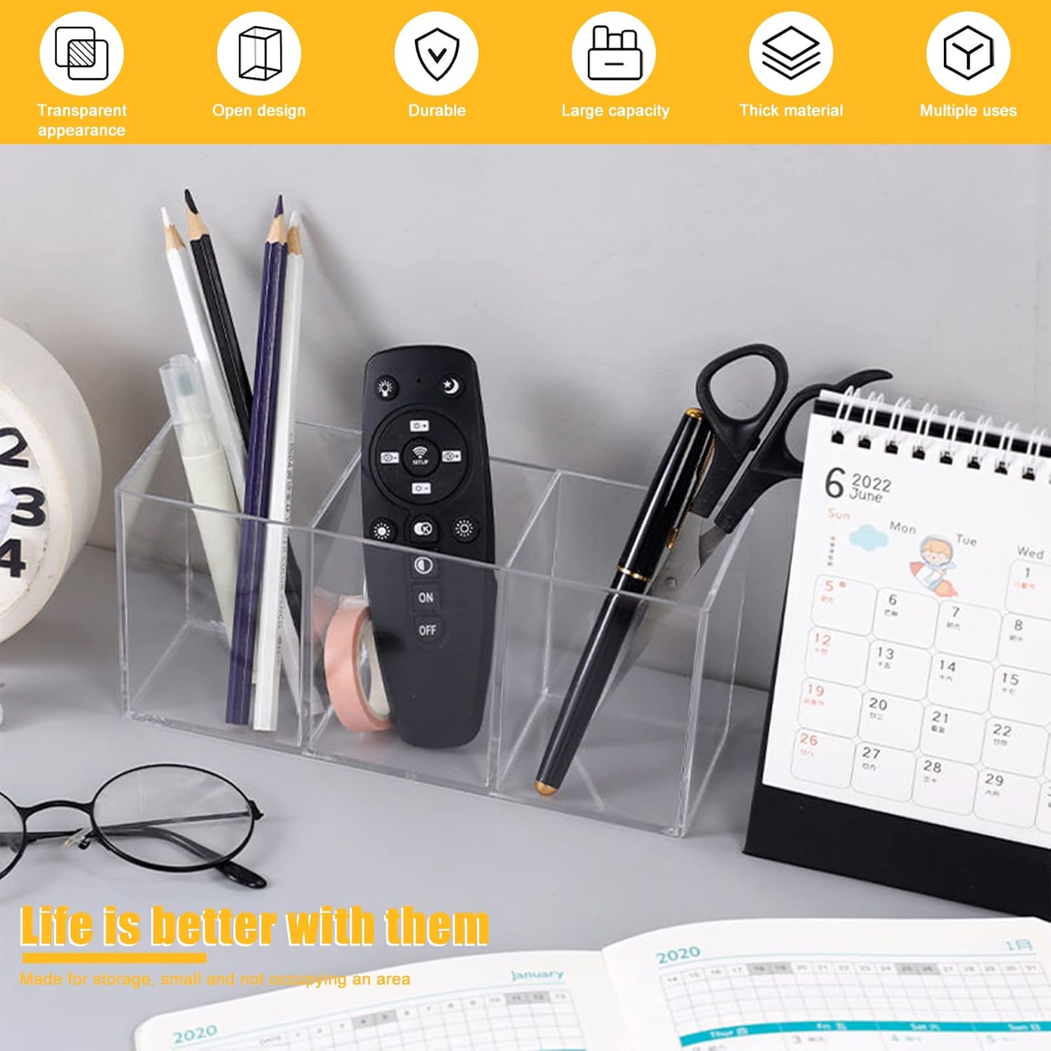 Clear Makeup Brush Organizer.Acrylic Cosmetic Brushes Storage Holder with 3 Slots.Pencil Pen Holder for Desk.Desk Organizer and Accessories for Vanity