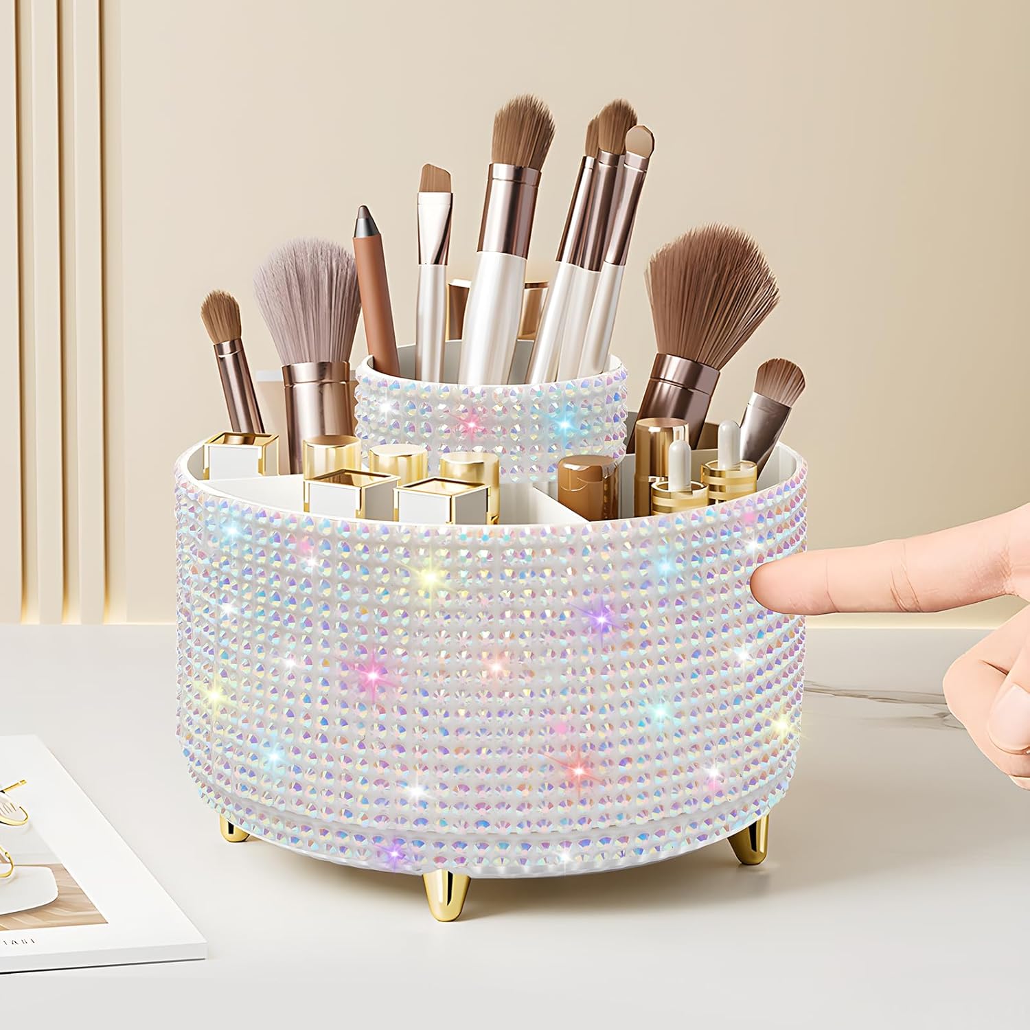 Diesisa Makeup Brush Holder Organizer.360° Rotating Makeup Brush Organizer.5 Slot Make up Brushes Cup for Cosmetics. Nail Polish. Art Supply. Bathroom Vanity Desktop Organizer - White