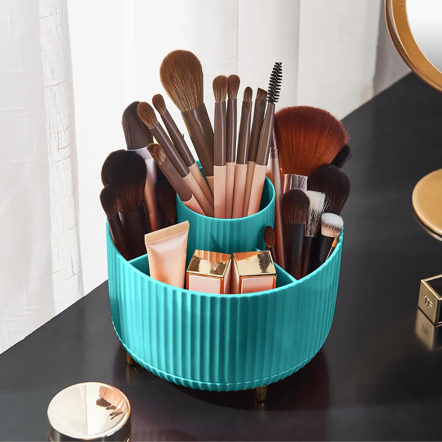 Diesisa Makeup Brush Holder Organizer.360° Rotating Makeup Brush Organizer.5 Slot Make up Brushes Cup for Cosmetics. Nail Polish. Art Supply. Bathroom Vanity Desktop Organizer - White