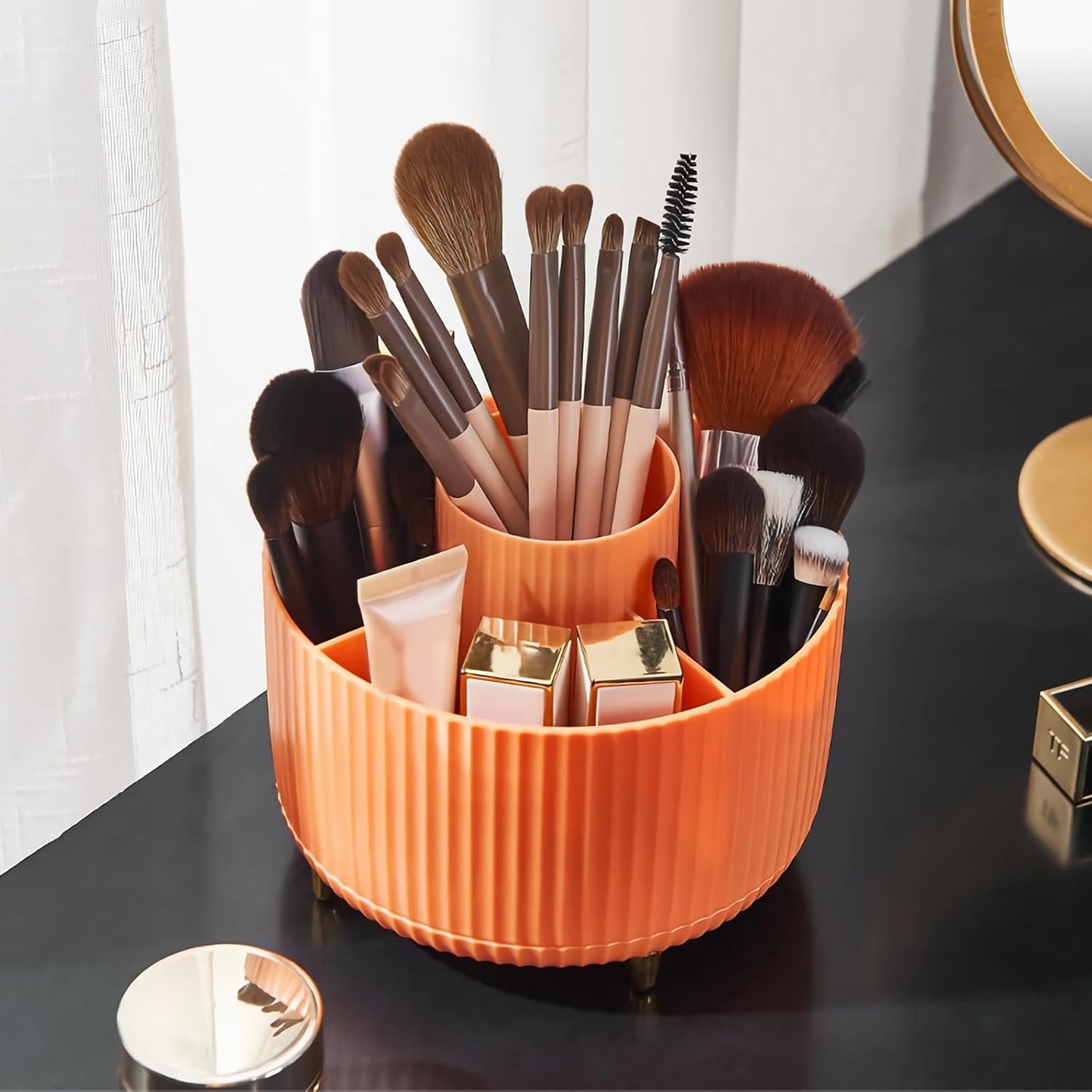 Diesisa Makeup Brush Holder Organizer.360° Rotating Makeup Brush Organizer.5 Slot Make up Brushes Cup for Cosmetics. Nail Polish. Art Supply. Bathroom Vanity Desktop Organizer - White