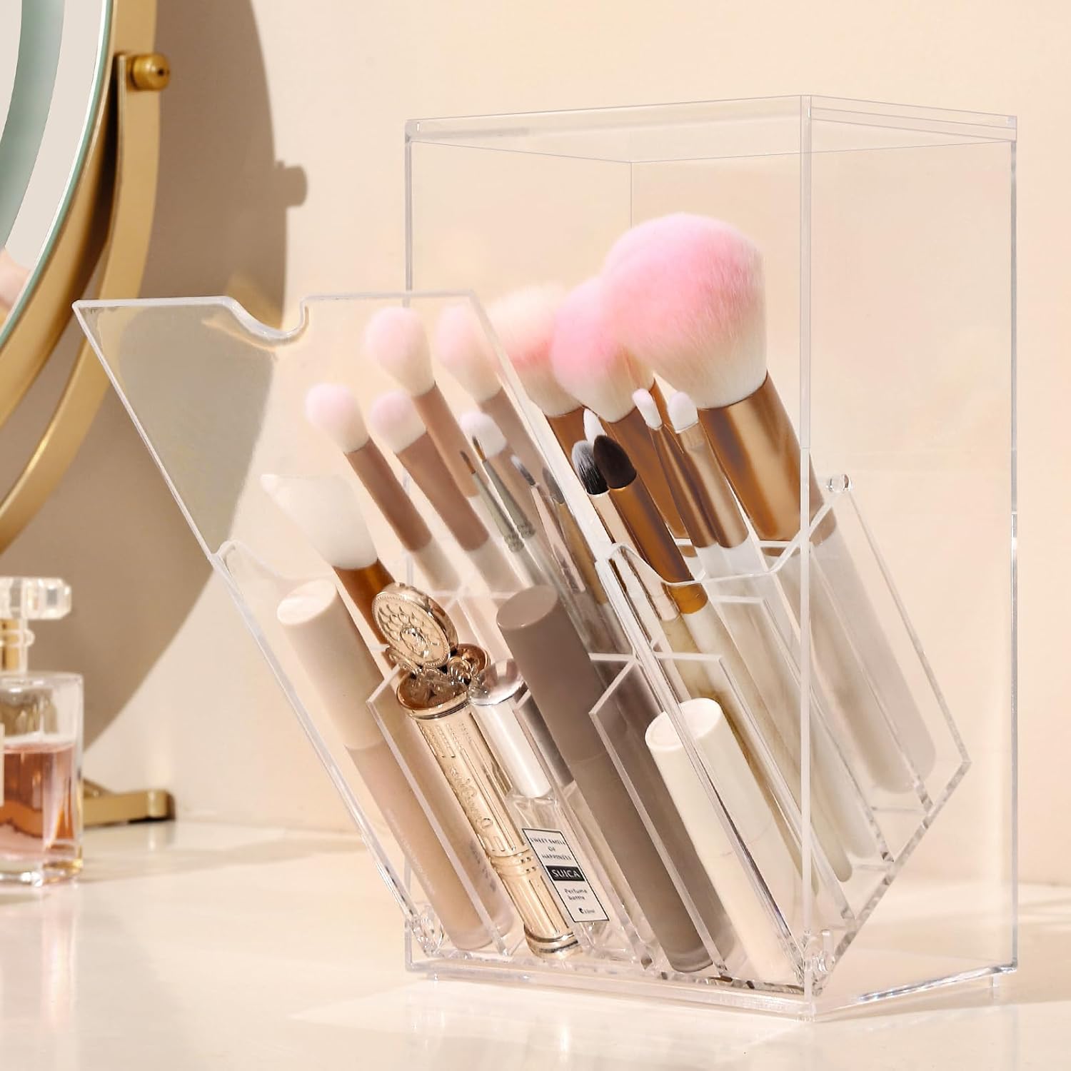 Acrylic Makeup Brush Holder with Lid - Clear Cosmetic Makeup Brush Organizer and Storage Box with Cover for Vanity - Large Capacity 3-Slots Container for Brushes (Clear)