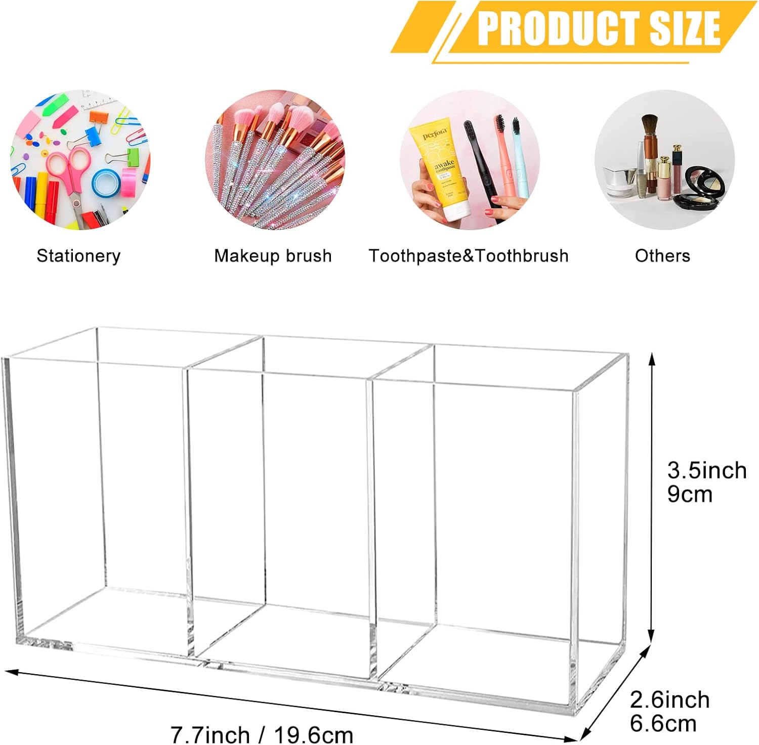 Clear Makeup Brush Organizer.Acrylic Cosmetic Brushes Storage Holder with 3 Slots.Pencil Pen Holder for Desk.Desk Organizer and Accessories for Vanity