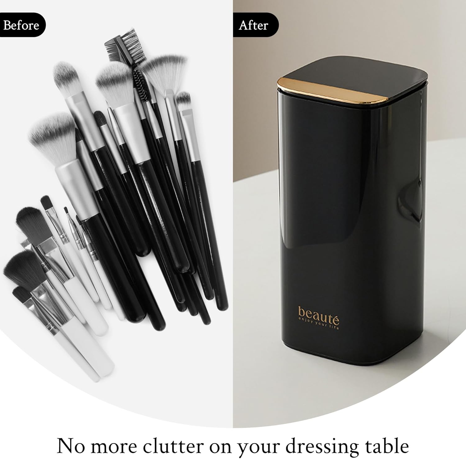 Automatic Lifting Makeup Brush Holder with Lid Dustproof Cosmetic Organizers for Vanity-Black