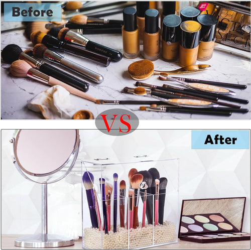 Acrylic Makeup Brush Holder with Lid - Clear Cosmetic Makeup Brush Organizer and Storage Box with Cover for Vanity - Large Capacity 3-Slots Container for Brushes (Clear)