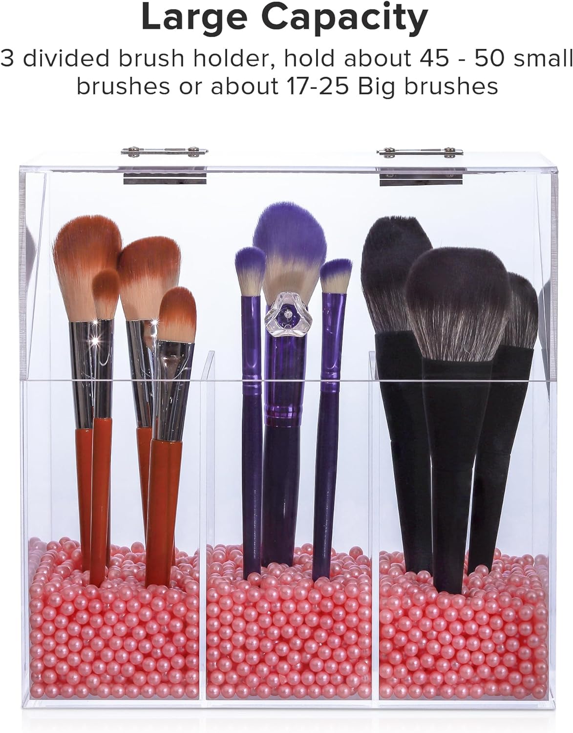 Acrylic Makeup Brush Holder with Lid - Clear Cosmetic Makeup Brush Organizer and Storage Box with Cover for Vanity - Large Capacity 3-Slots Container for Brushes (Clear)