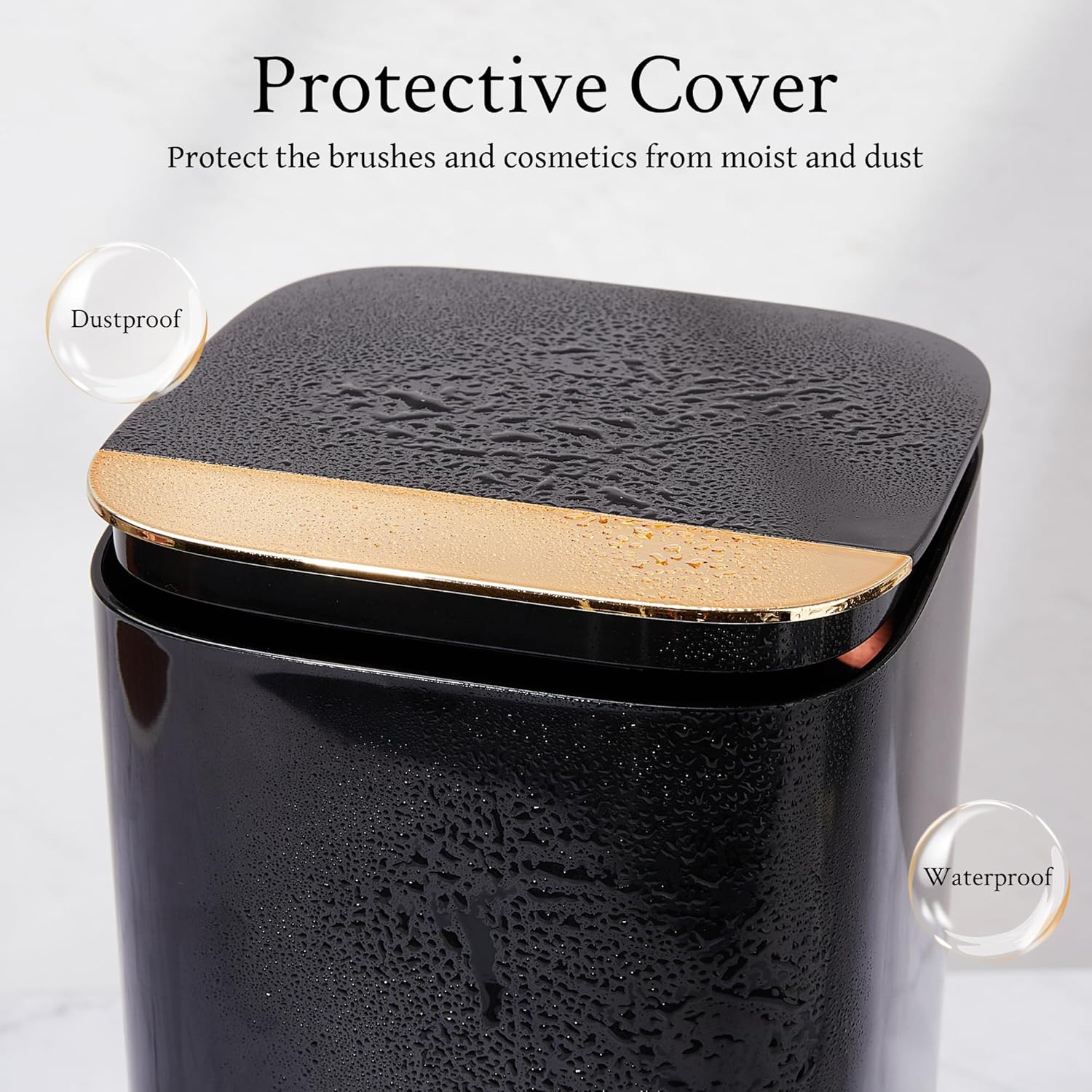 Automatic Lifting Makeup Brush Holder with Lid Dustproof Cosmetic Organizers for Vanity-Black